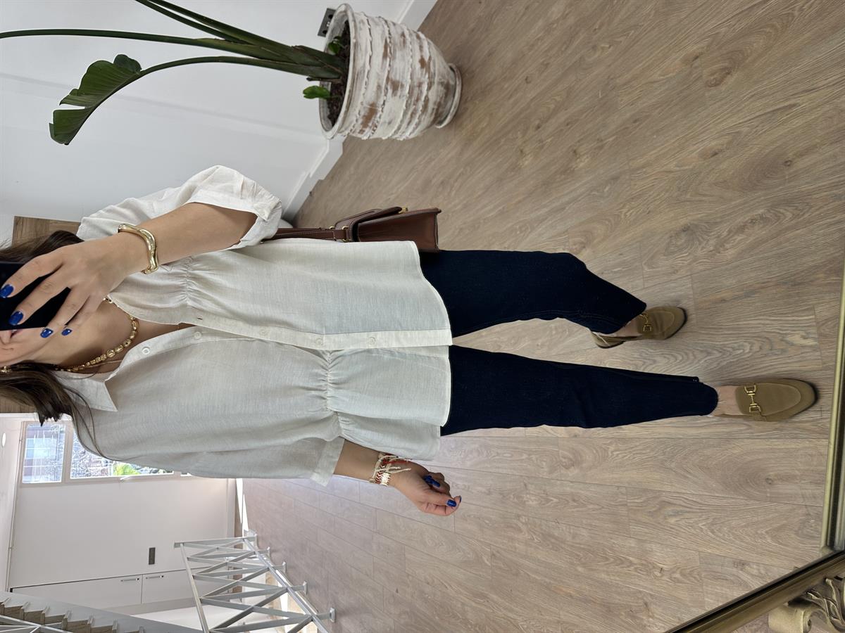 Dikiş Detaylı Oversize Gömlek-Taş