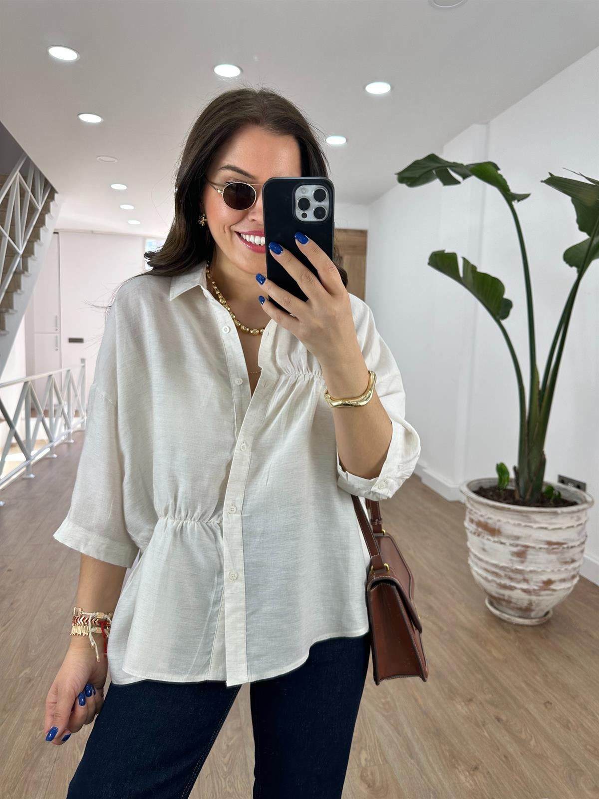 Dikiş Detaylı Oversize Gömlek-Taş