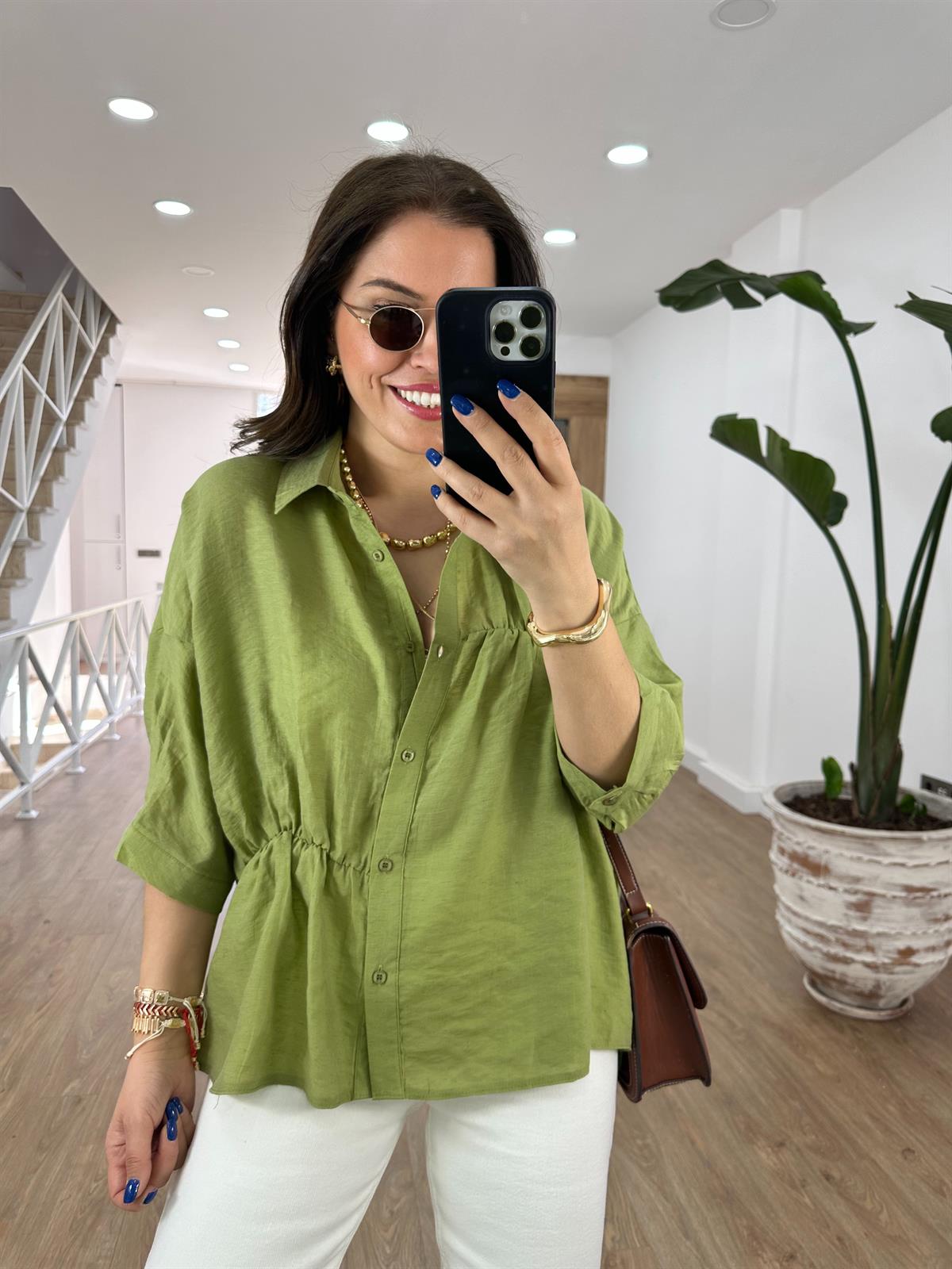 Dikiş Detaylı Oversize Gömlek-Yeşil