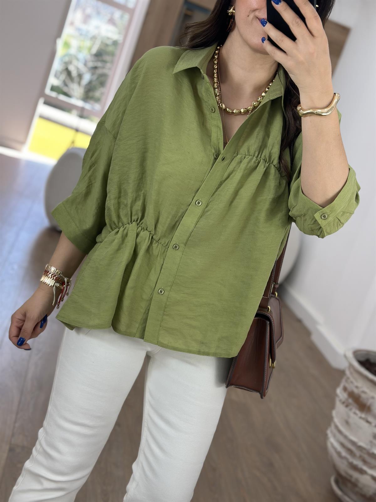 Dikiş Detaylı Oversize Gömlek-Yeşil