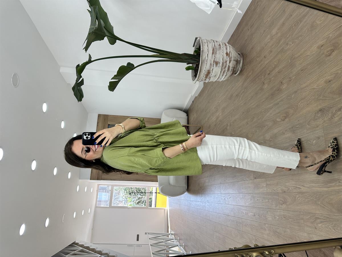 Dikiş Detaylı Oversize Gömlek-Yeşil