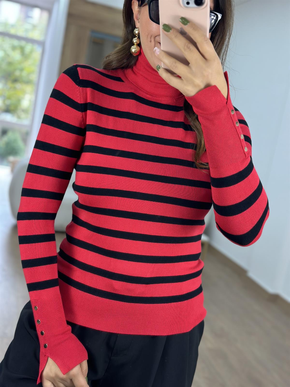 Dilvin Balıkçı Yaka Çizgili Droplu Kazak-Kırmızı