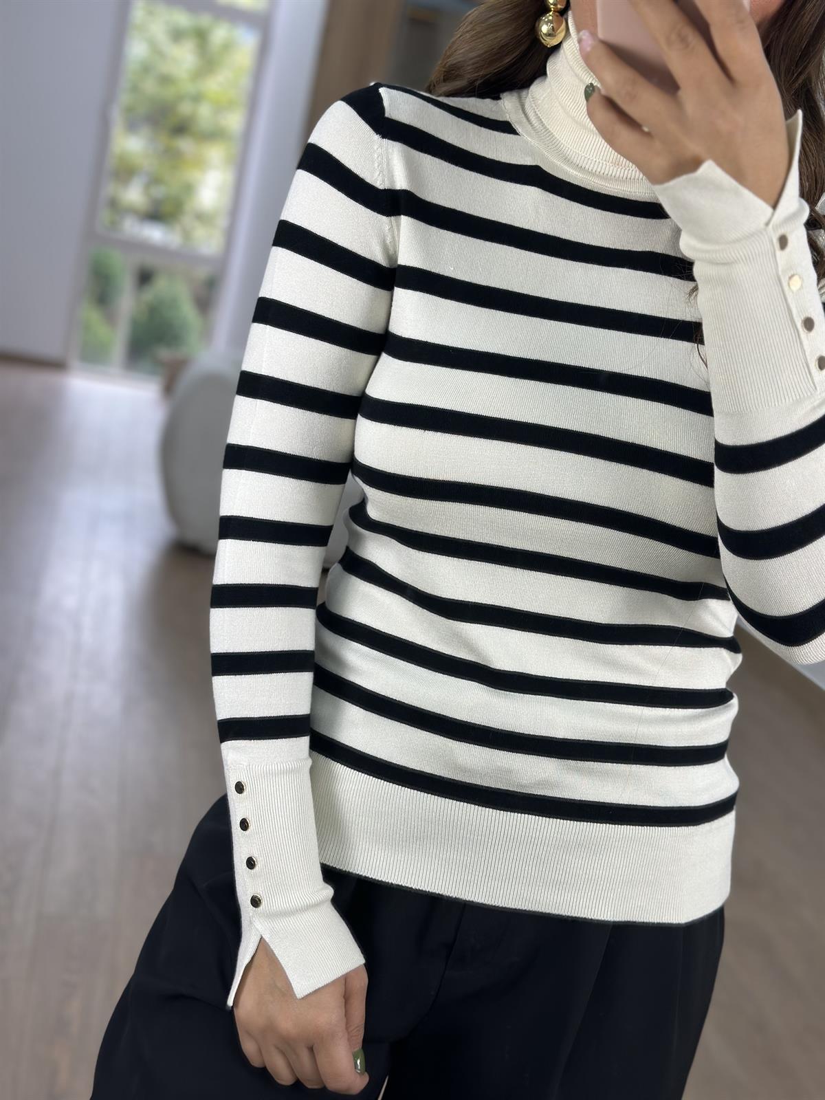 Dilvin Balıkçı Yaka Çizgili Droplu Kazak-Ekru