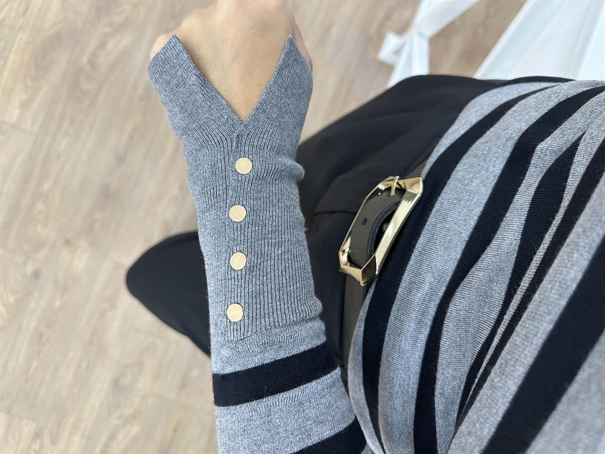 Dilvin Balıkçı Yaka Çizgili Droplu Kazak-Gri