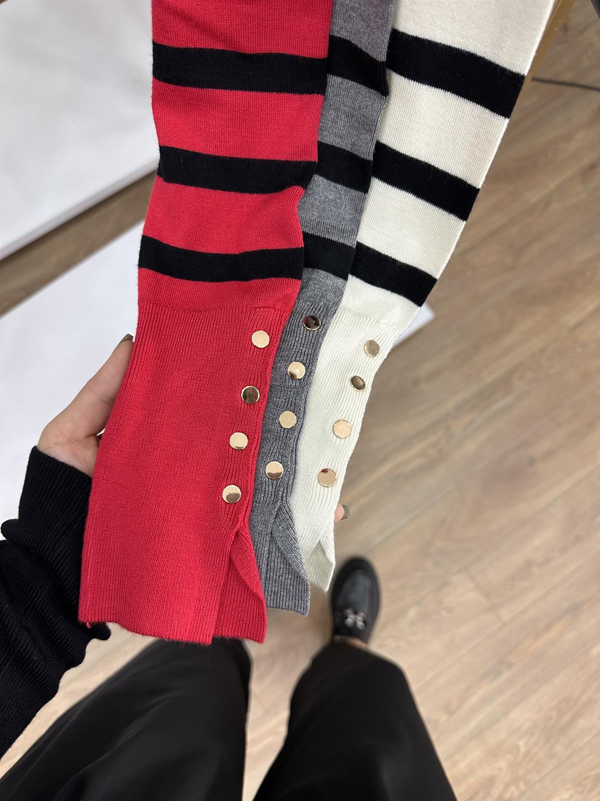 Dilvin Balıkçı Yaka Çizgili Droplu Kazak-Kırmızı