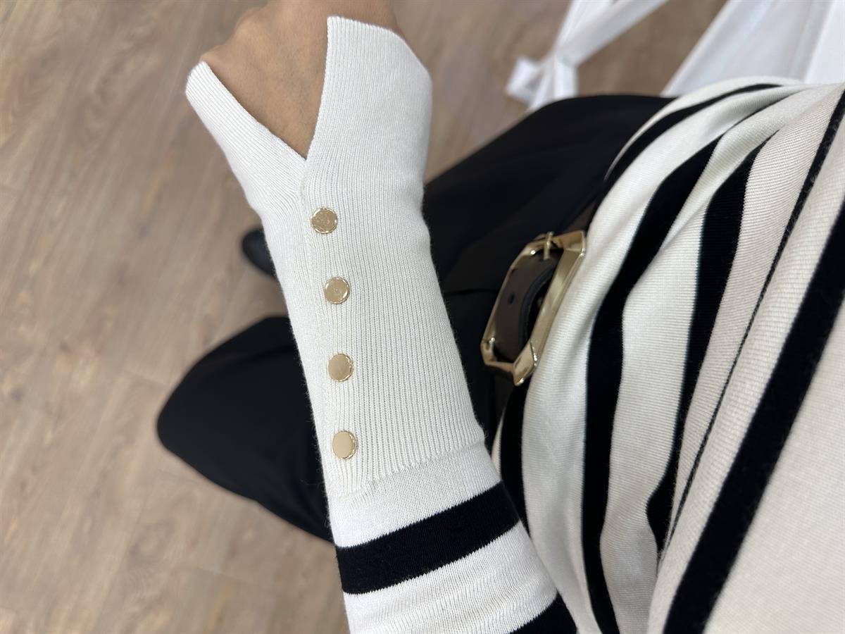 Dilvin Balıkçı Yaka Çizgili Droplu Kazak-Ekru