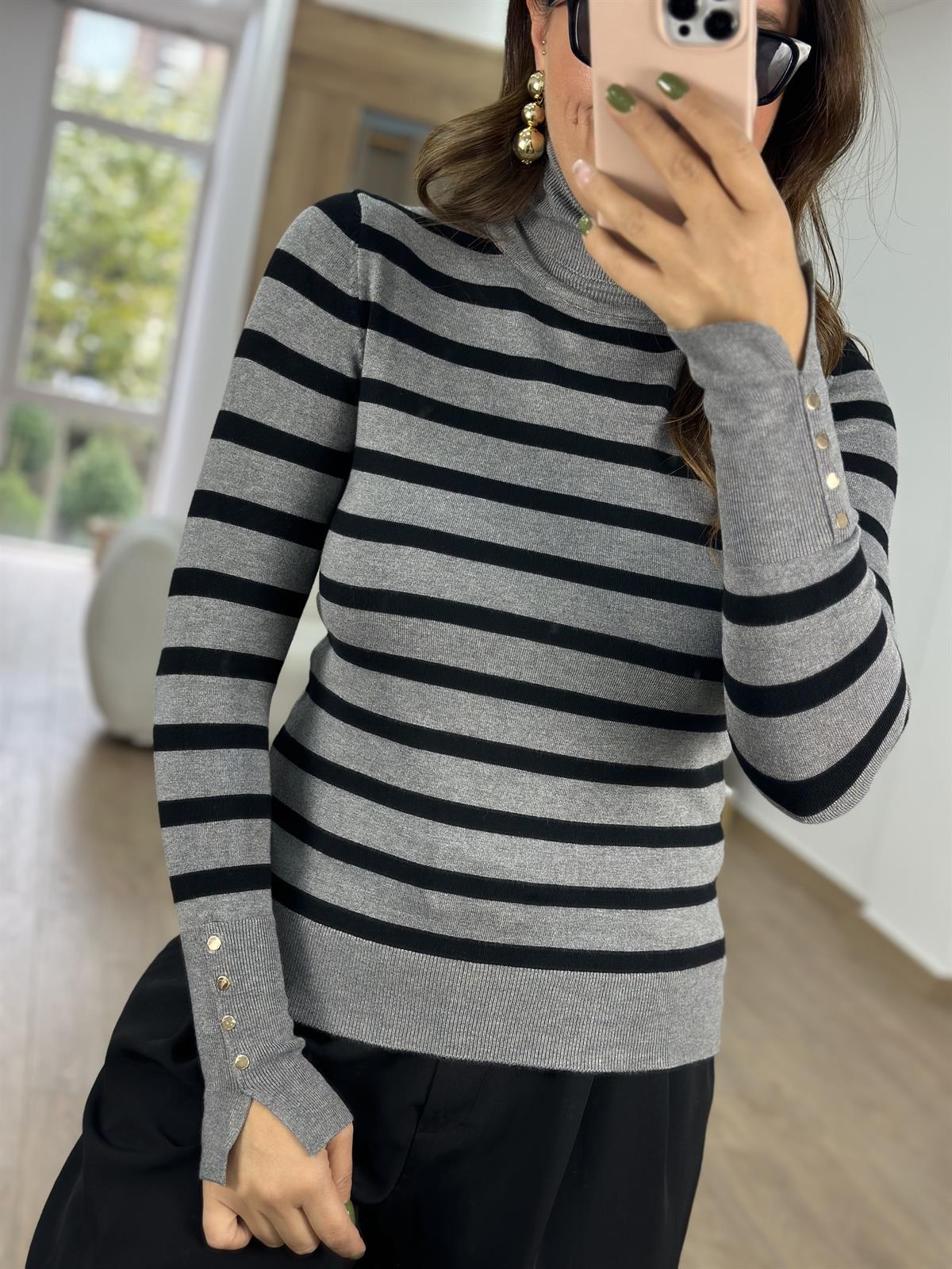 Dilvin Balıkçı Yaka Çizgili Droplu Kazak-Gri