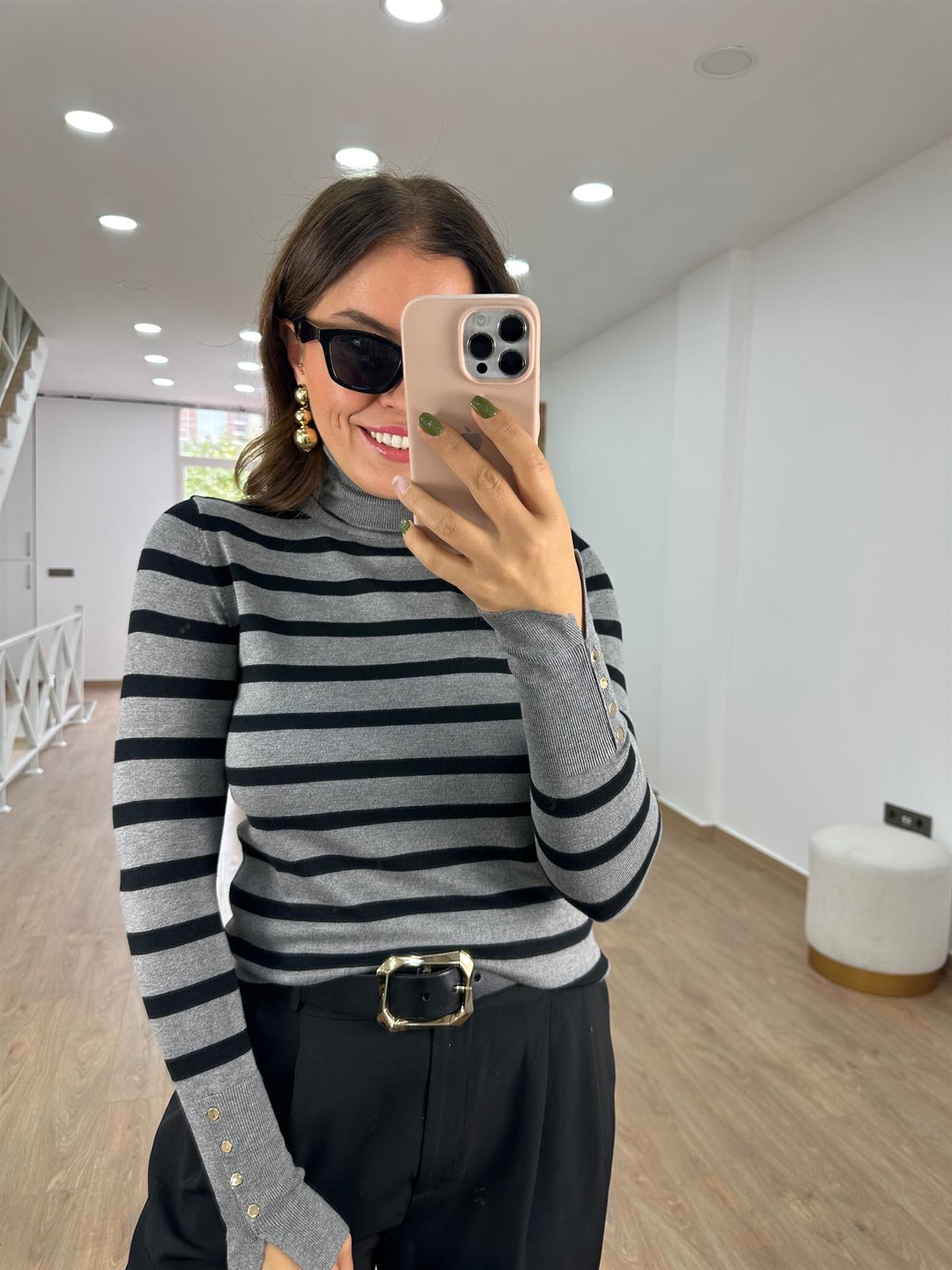 Dilvin Balıkçı Yaka Çizgili Droplu Kazak-Gri