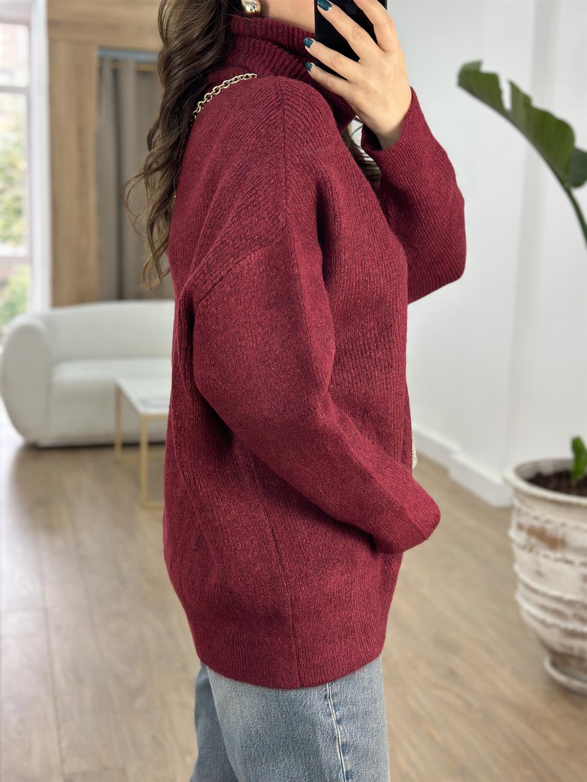 Dilvin Balıkçı Yaka Geniş Kazak-Bordo