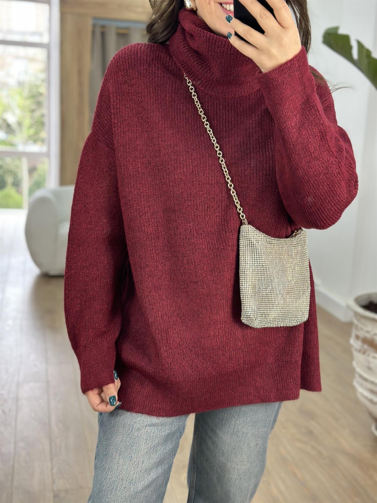 Dilvin Balıkçı Yaka Geniş Kazak-Bordo