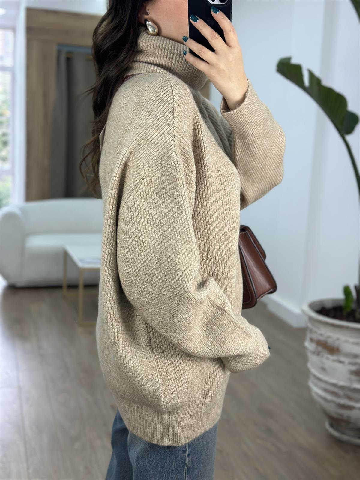 Dilvin Balıkçı Yaka Geniş Kazak-Camel