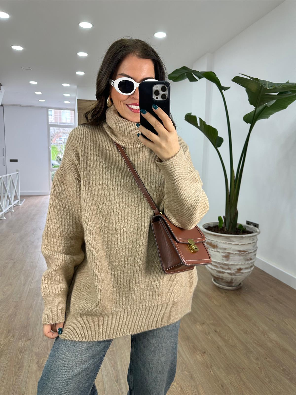 Dilvin Balıkçı Yaka Geniş Kazak-Camel