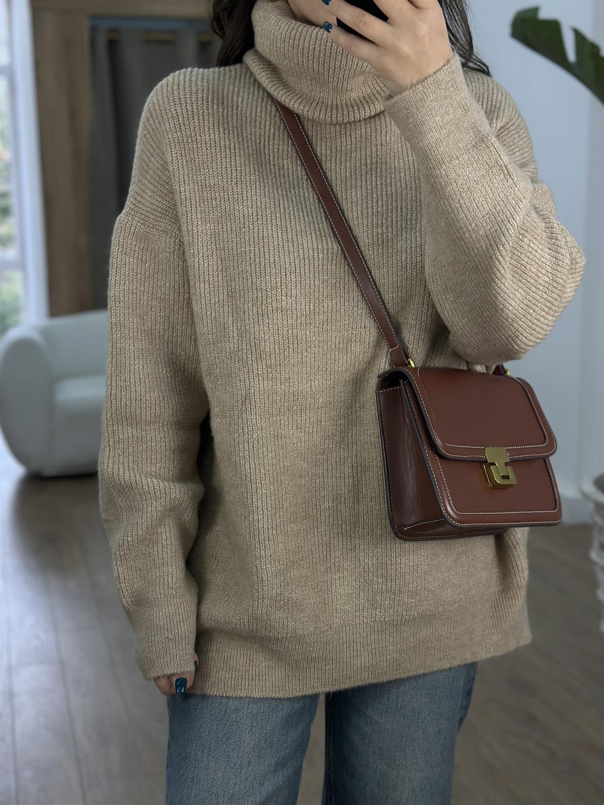 Dilvin Balıkçı Yaka Geniş Kazak-Camel