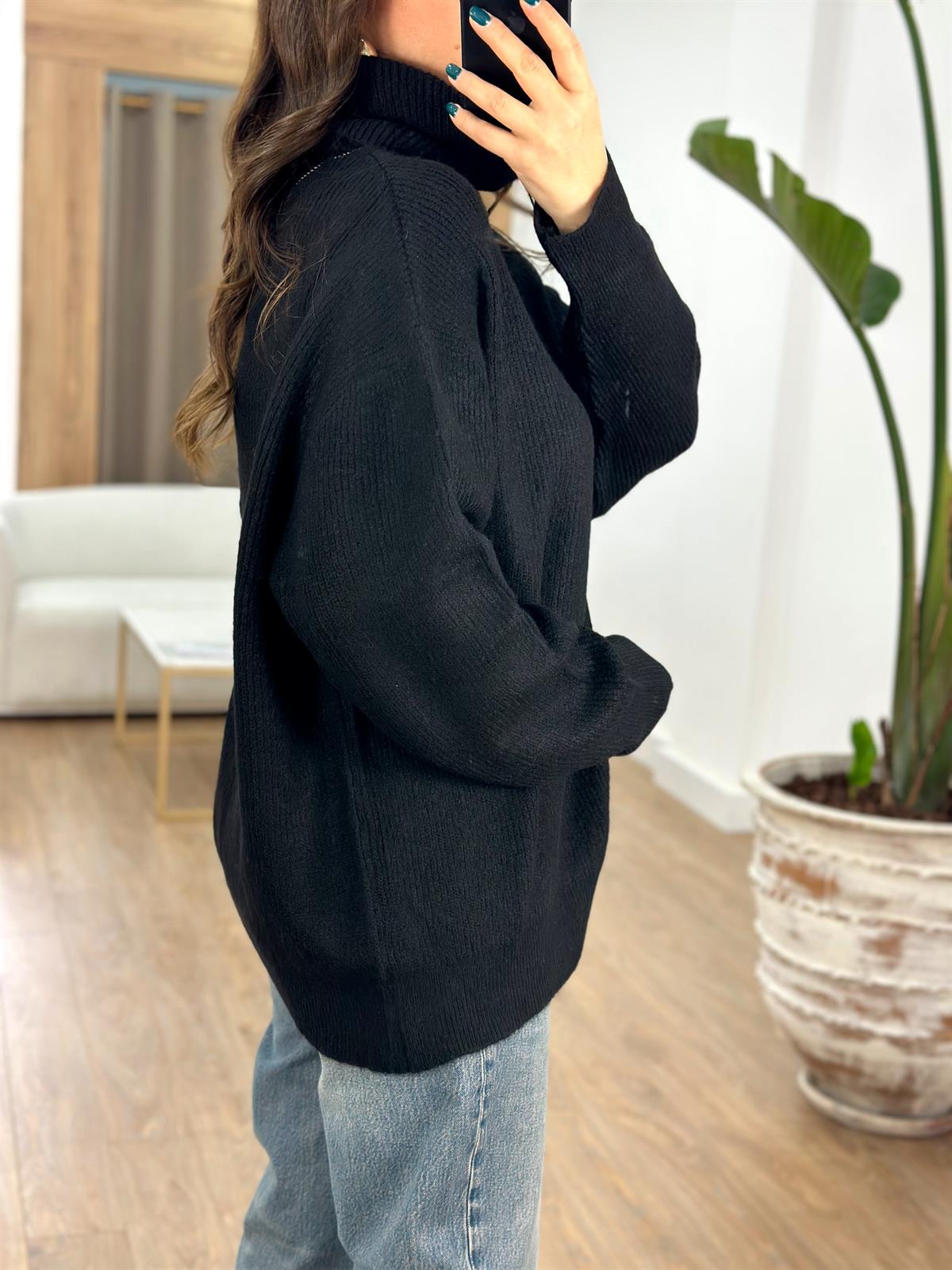 Dilvin Balıkçı Yaka Geniş Kazak-Siyah