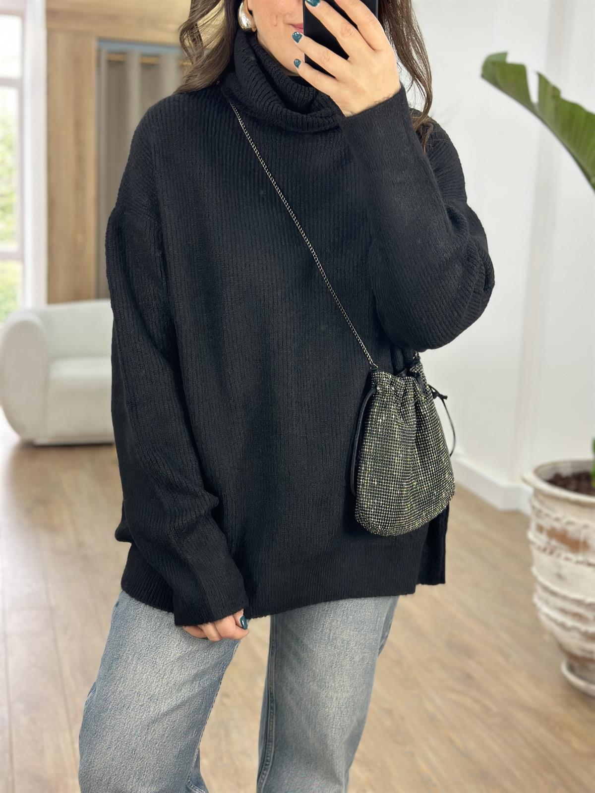 Dilvin Balıkçı Yaka Geniş Kazak-Siyah