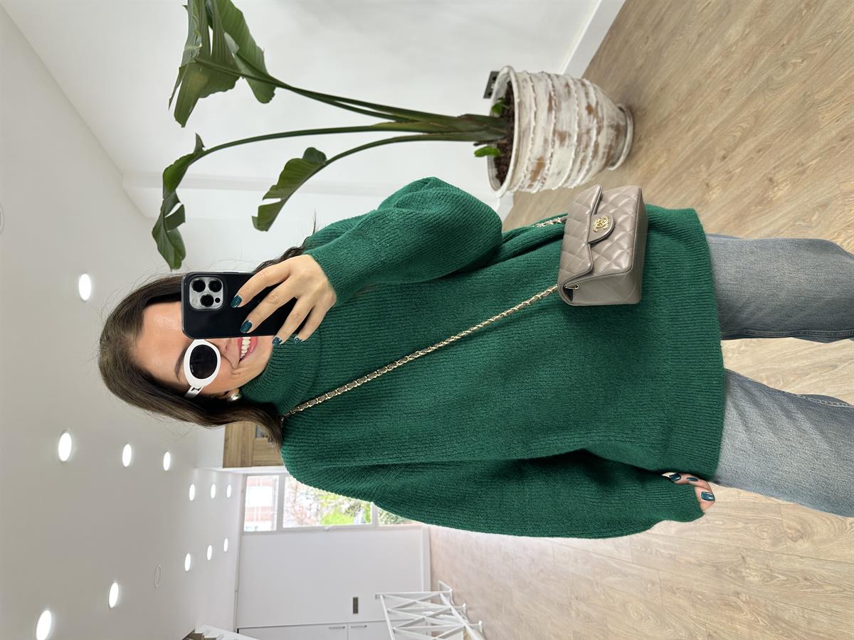 Dilvin Balıkçı Yaka Geniş Kazak-Zümrüt