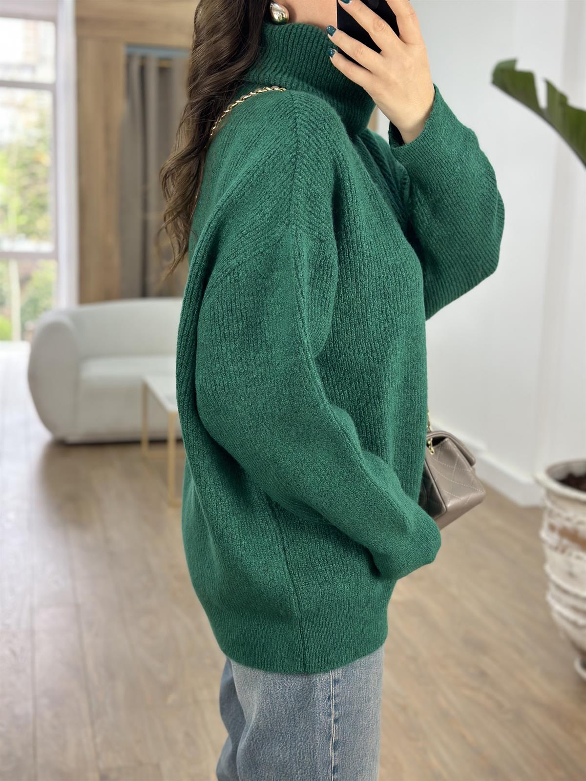 Dilvin Balıkçı Yaka Geniş Kazak-Zümrüt