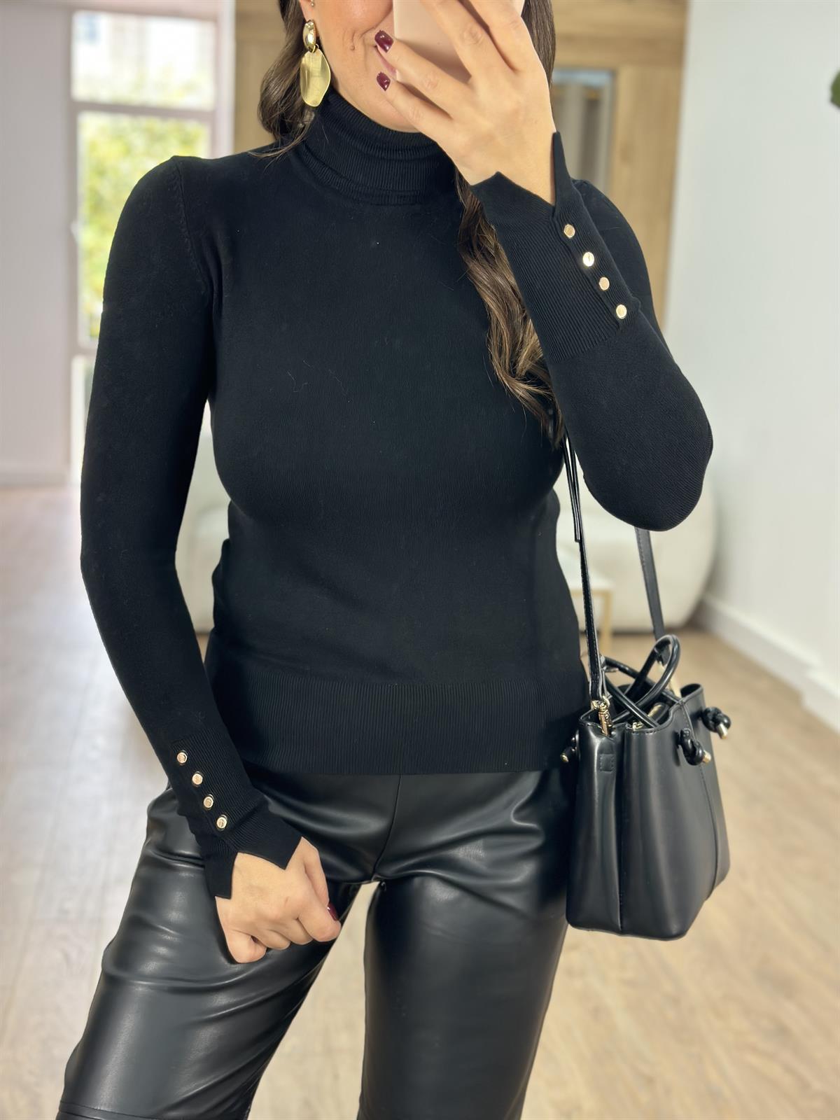 Dilvin Balıkçı Yaka Kolu Droplu Kazak-Siyah