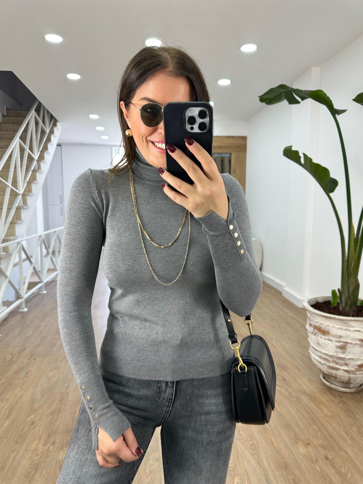 Dilvin Balıkçı Yaka Kolu Droplu Kazak-Gri