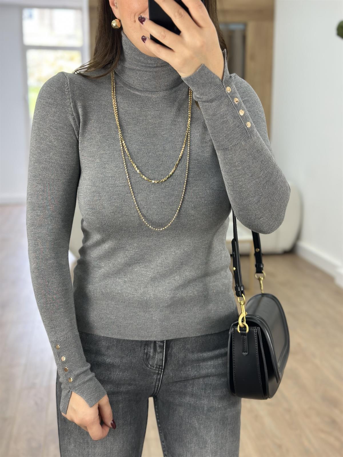 Dilvin Balıkçı Yaka Kolu Droplu Kazak-Gri