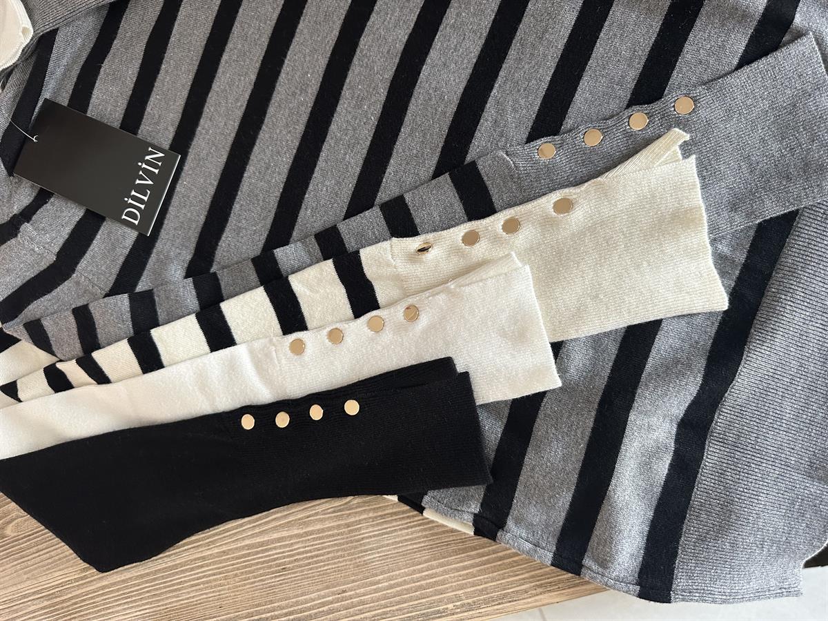 Dilvin Balıkçı Yaka Kolu Droplu Kazak-Ekru