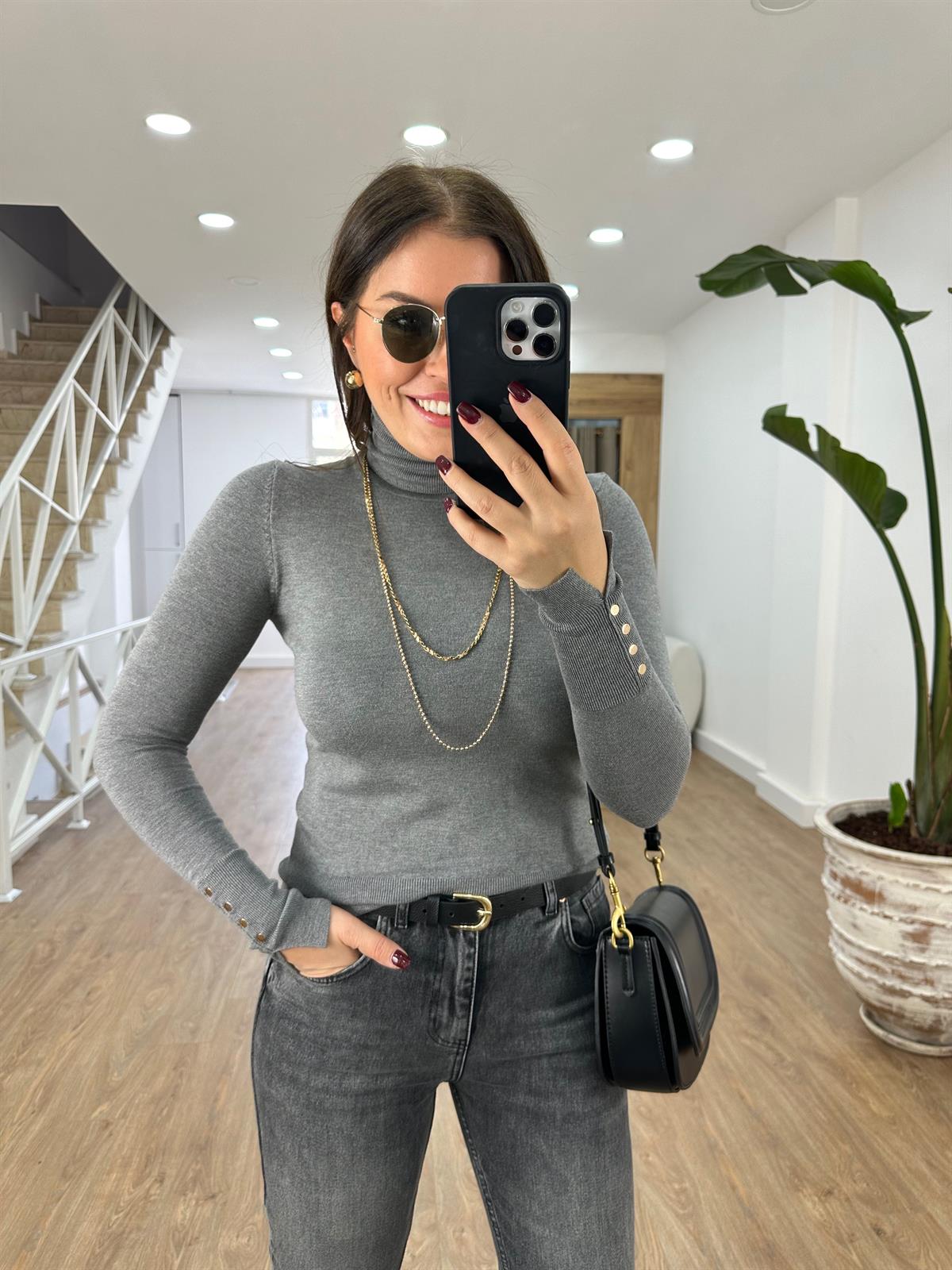 Dilvin Balıkçı Yaka Kolu Droplu Kazak-Gri