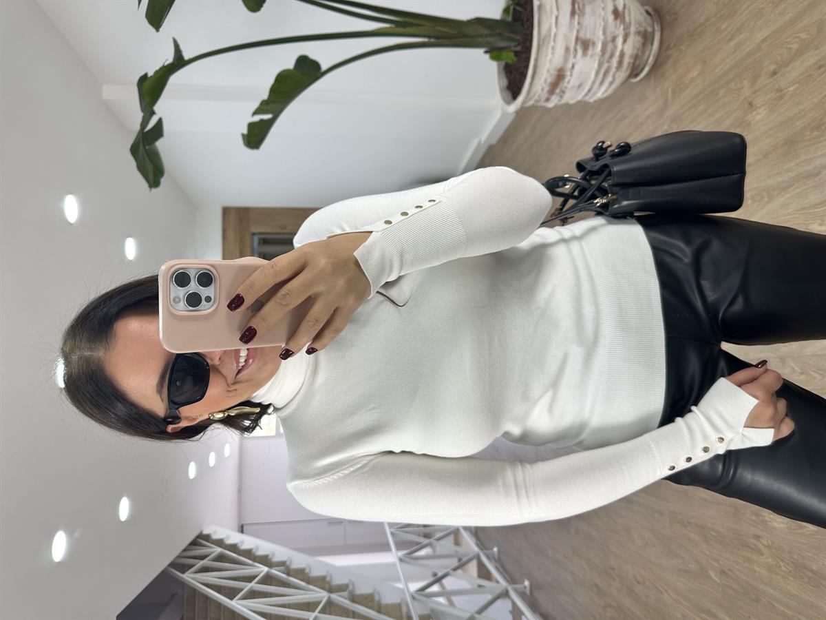 Dilvin Balıkçı Yaka Kolu Droplu Kazak-Ekru