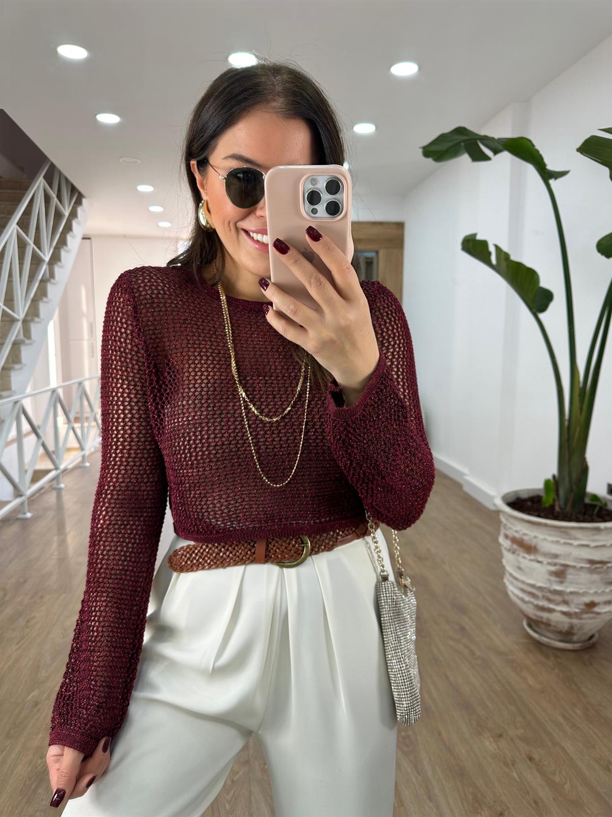 Dilvin Bisiklet Yaka Ajur Desen Crop Kazak-Bordo