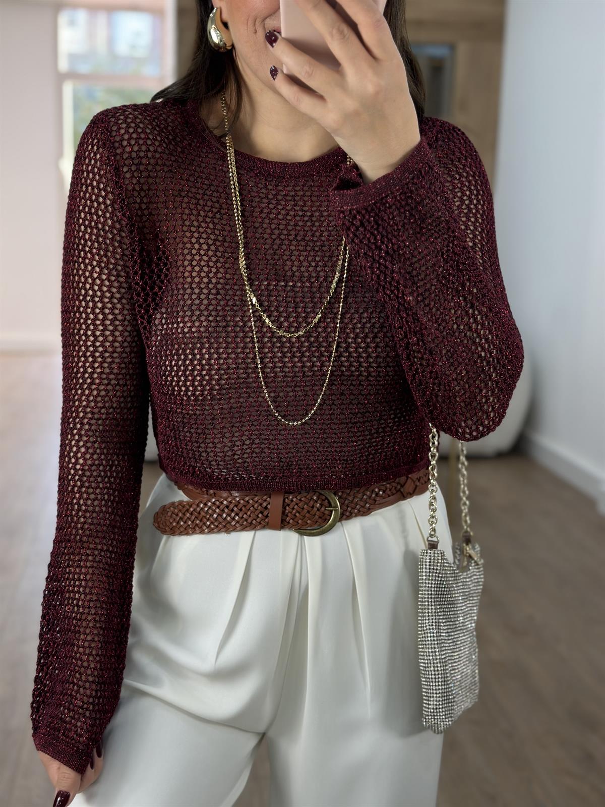 Dilvin Bisiklet Yaka Ajur Desen Crop Kazak-Bordo