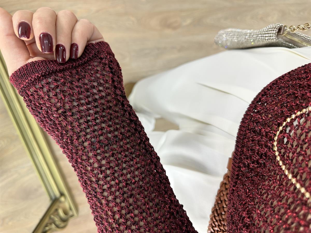 Dilvin Bisiklet Yaka Ajur Desen Crop Kazak-Bordo