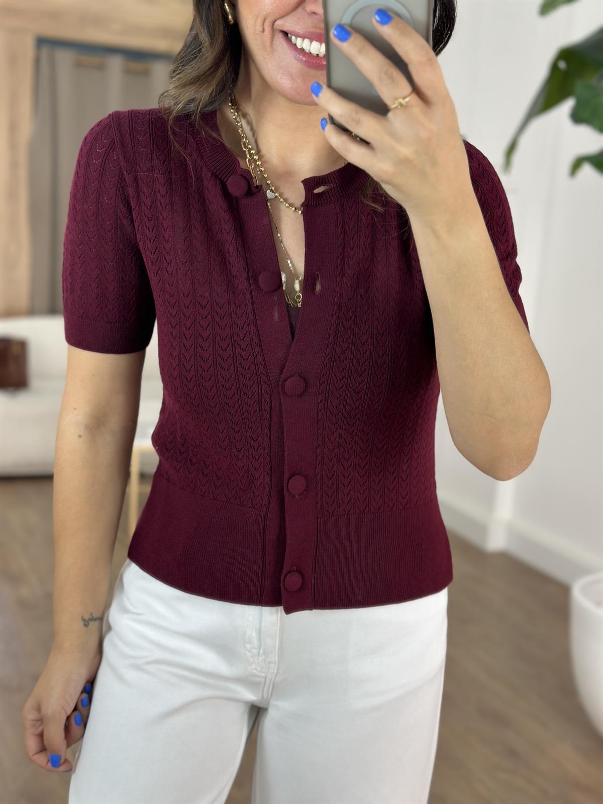 Dilvin Bisiklet Yaka Ajurlu Düğmeli Triko Hırka - Bordo