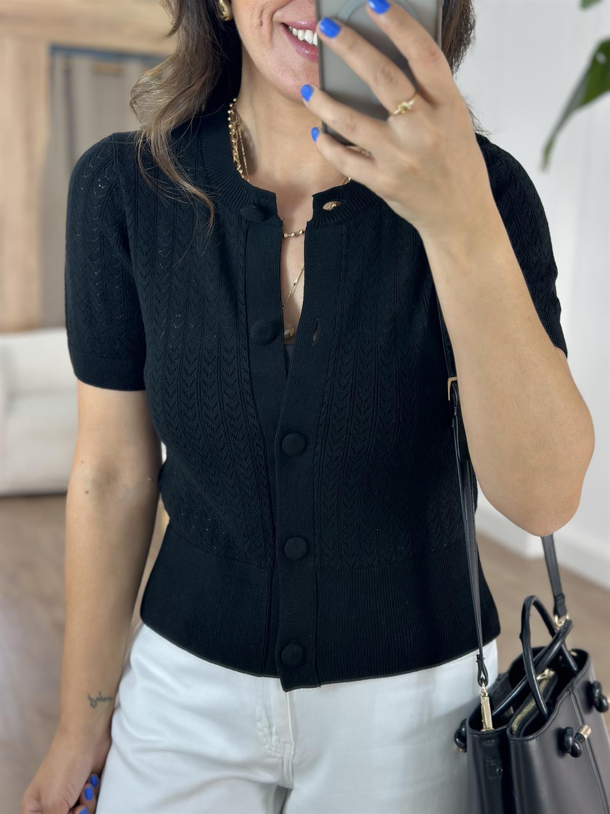 Dilvin Bisiklet Yaka Ajurlu Düğmeli Triko Hırka - Siyah