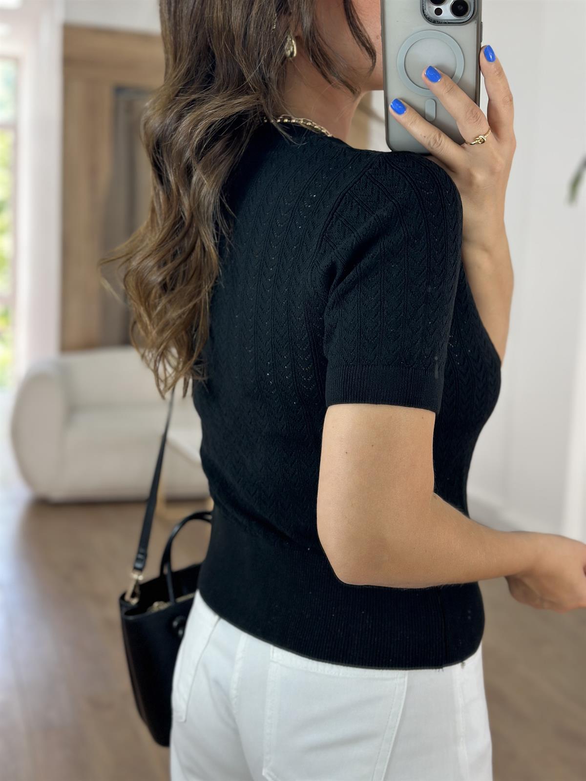 Dilvin Bisiklet Yaka Ajurlu Düğmeli Triko Hırka - Siyah