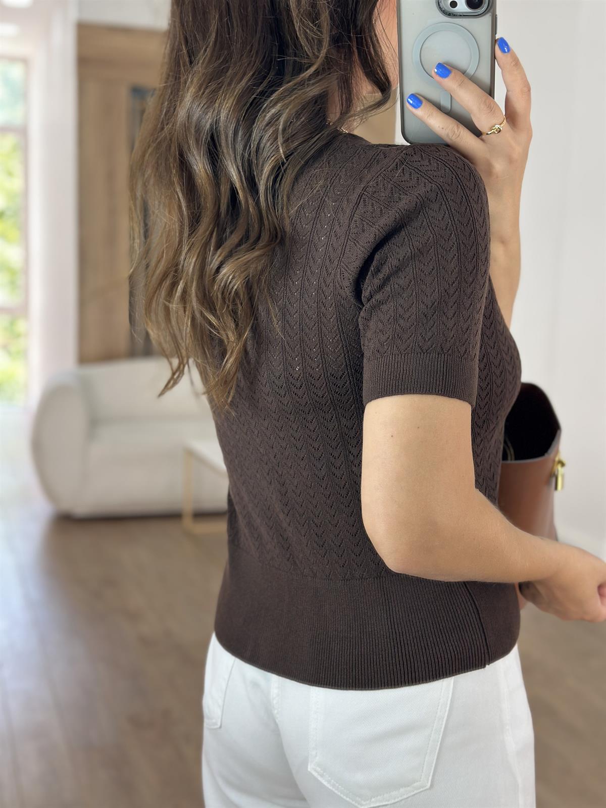 Dilvin Bisiklet Yaka Ajurlu Düğmeli Triko Hırka - Kahverengi