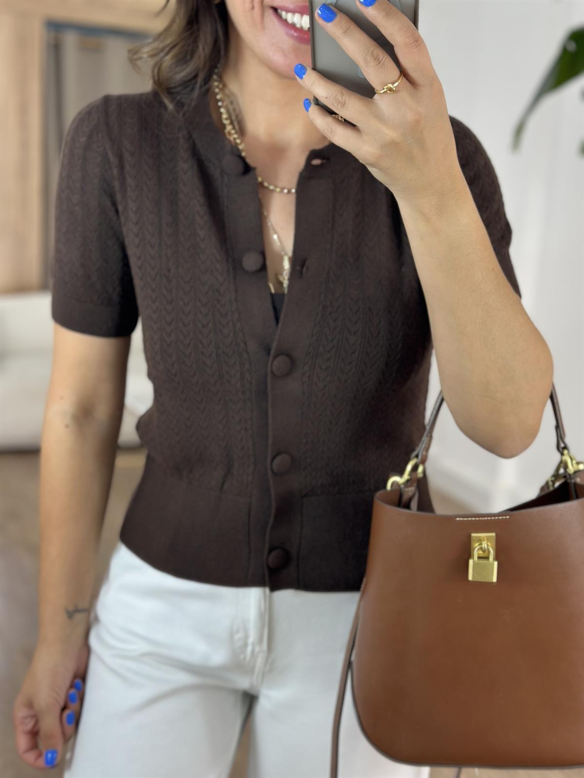 Dilvin Bisiklet Yaka Ajurlu Düğmeli Triko Hırka - Kahverengi