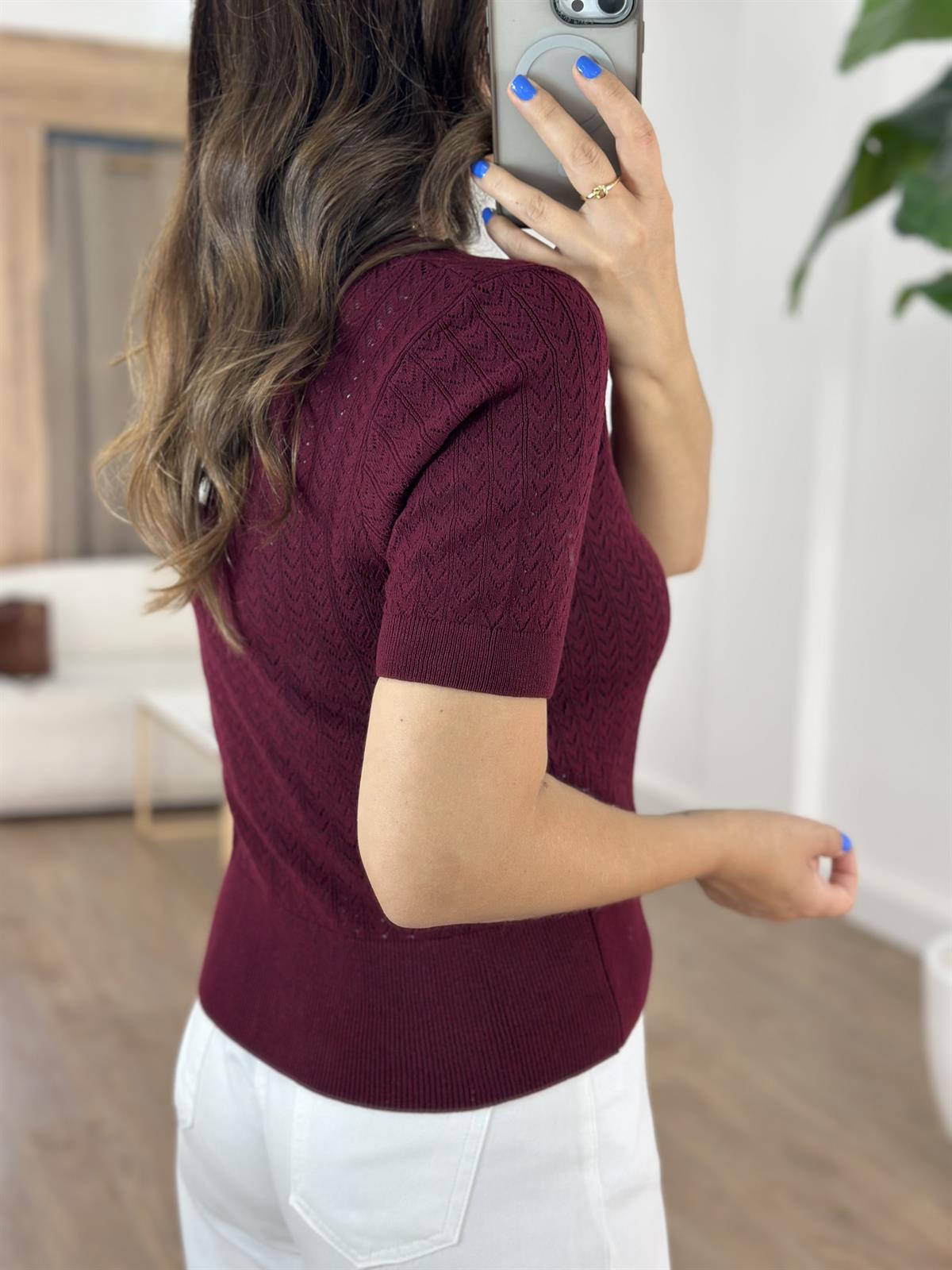 Dilvin Bisiklet Yaka Ajurlu Düğmeli Triko Hırka - Bordo