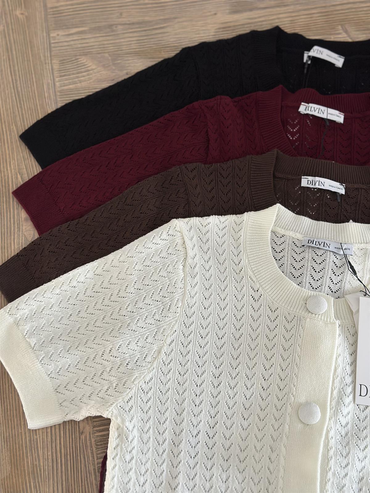 Dilvin Bisiklet Yaka Ajurlu Düğmeli Triko Hırka - Ekru