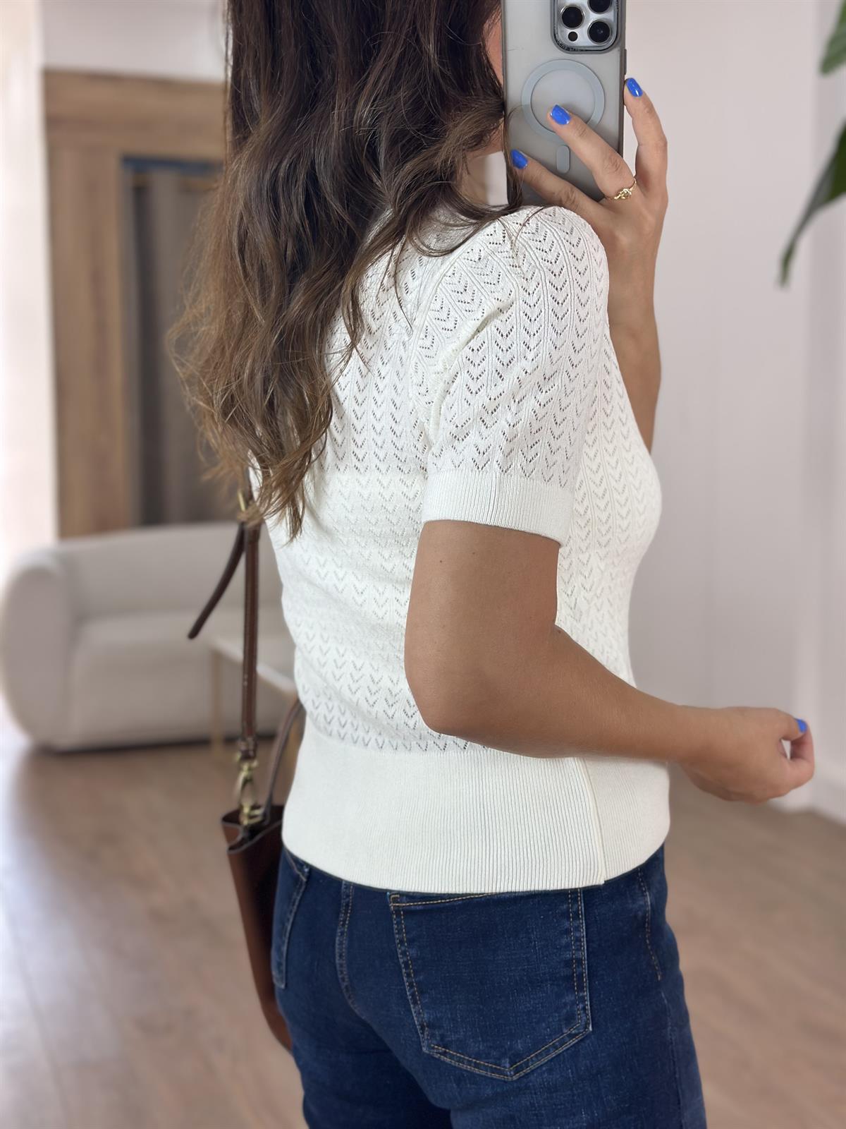 Dilvin Bisiklet Yaka Ajurlu Düğmeli Triko Hırka - Ekru