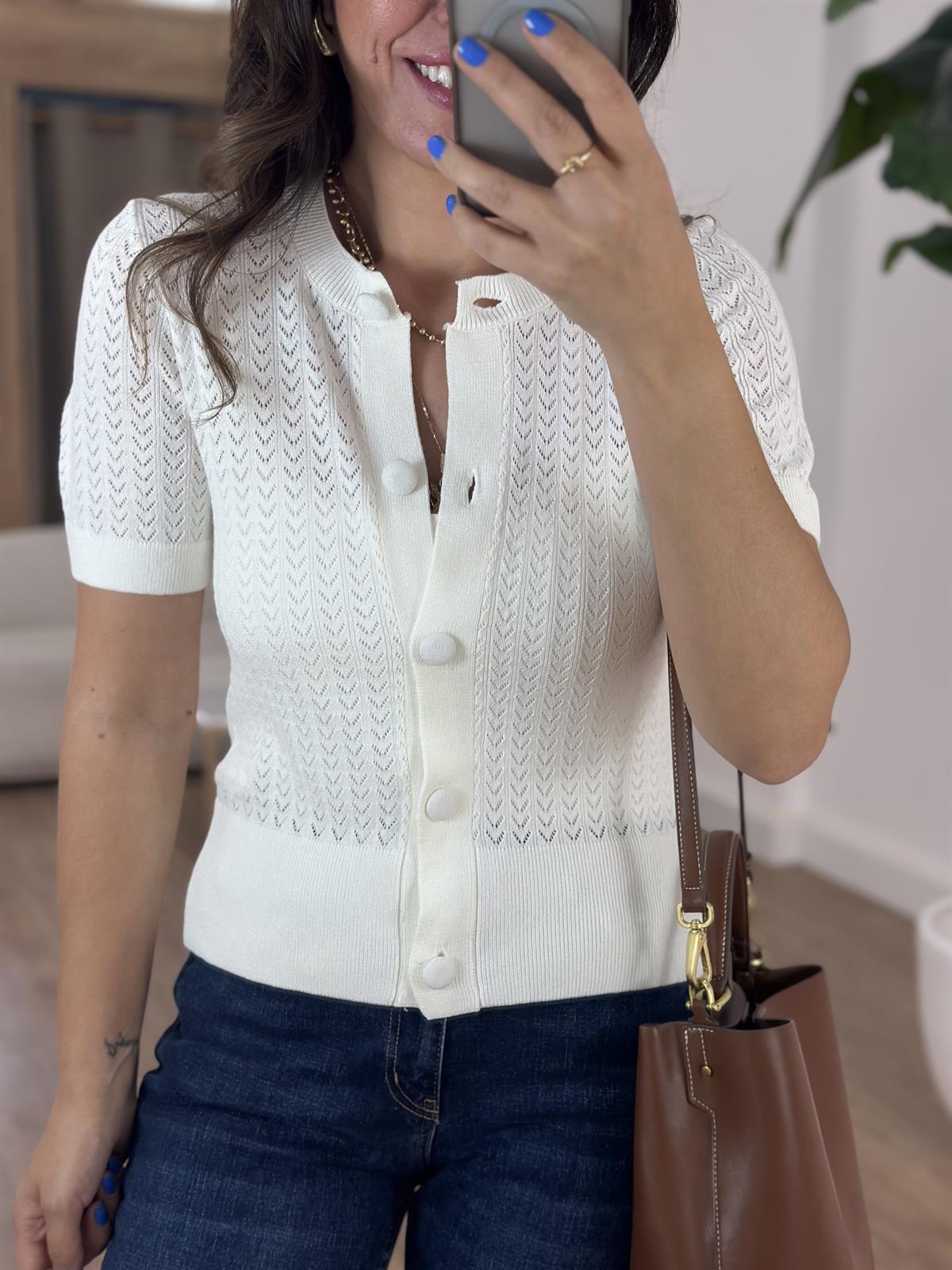 Dilvin Bisiklet Yaka Ajurlu Düğmeli Triko Hırka - Ekru