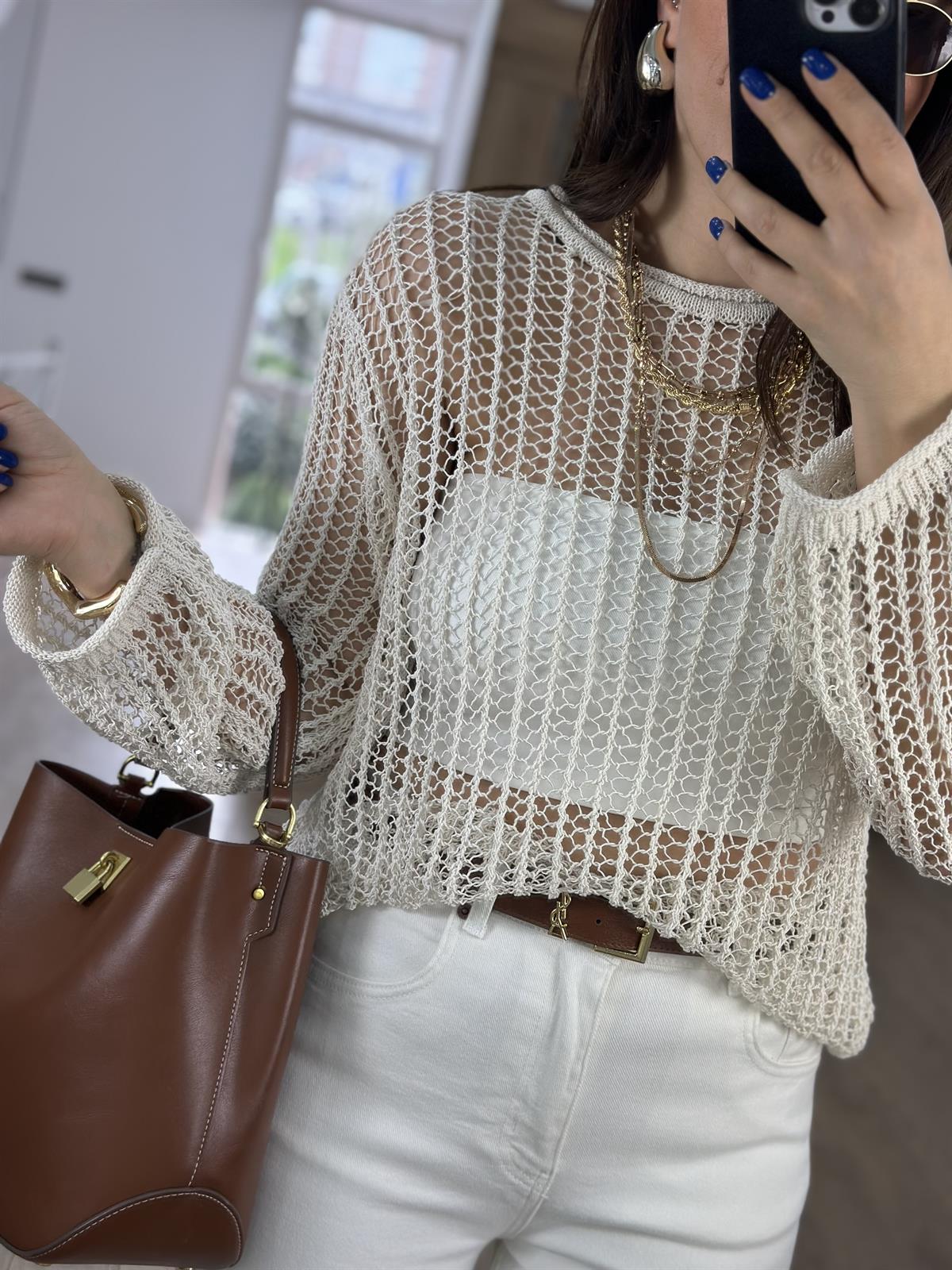 Dilvin Bisiklet Yaka Ajurlu Triko-Ekru