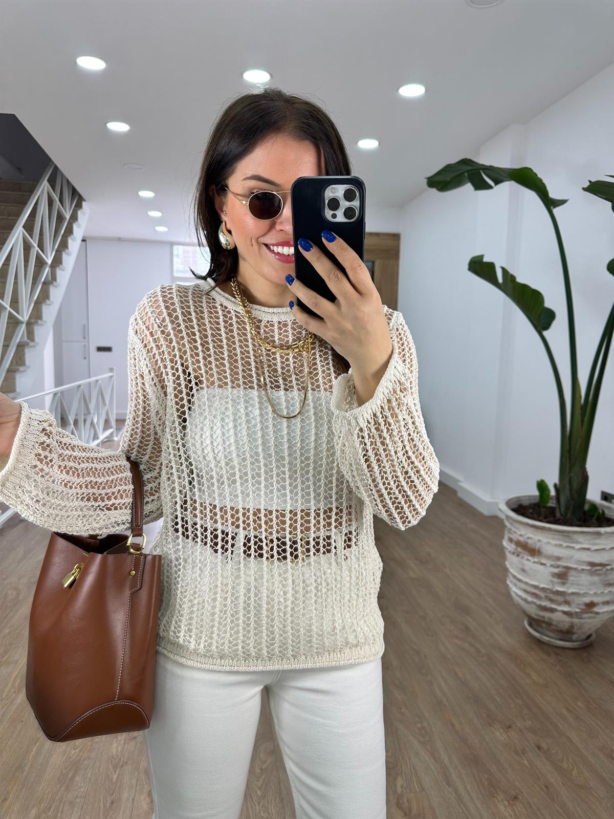 Dilvin Bisiklet Yaka Ajurlu Triko-Ekru