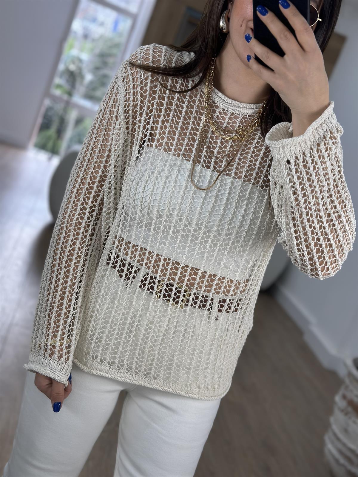 Dilvin Bisiklet Yaka Ajurlu Triko-Ekru