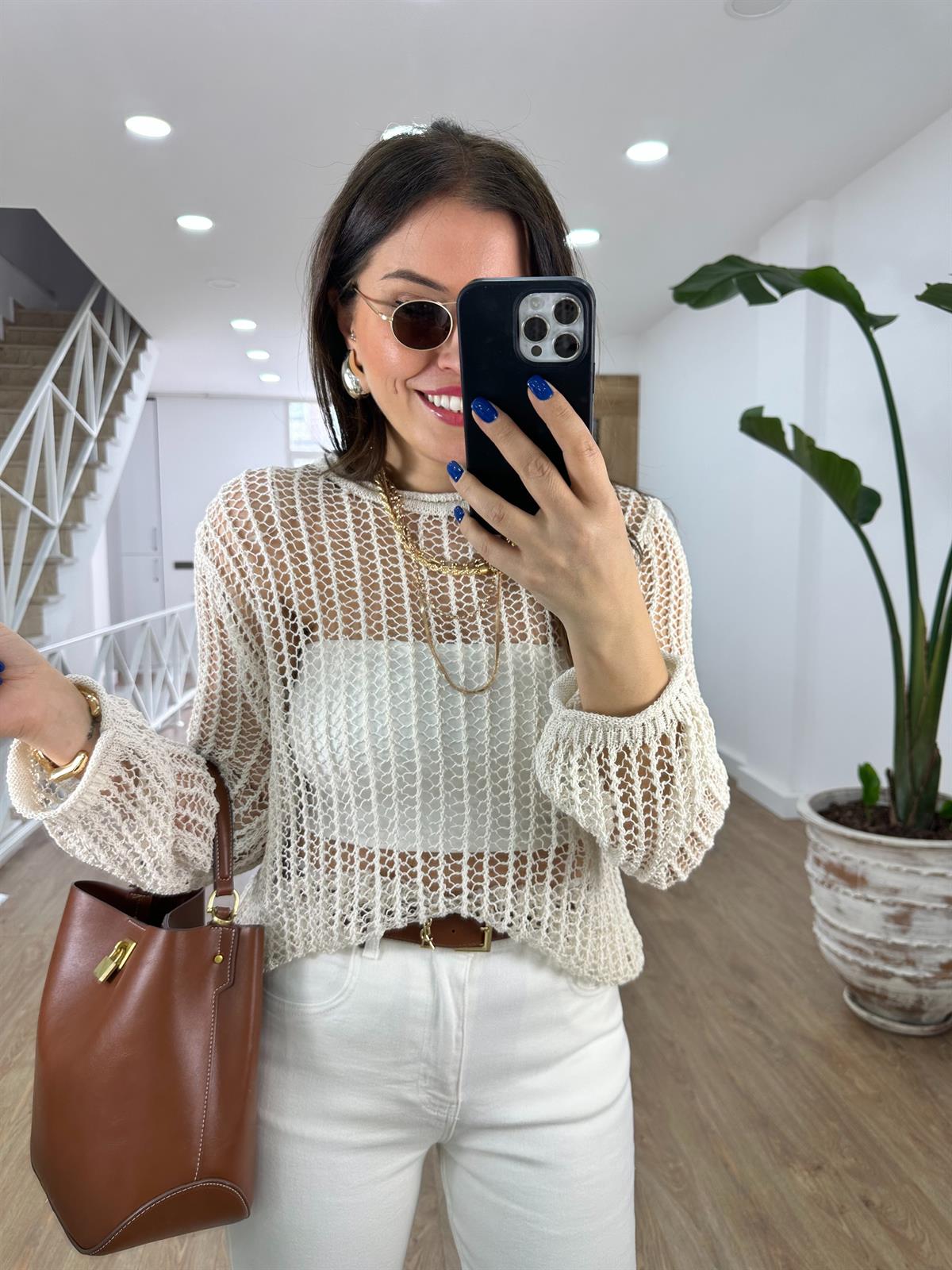 Dilvin Bisiklet Yaka Ajurlu Triko-Ekru