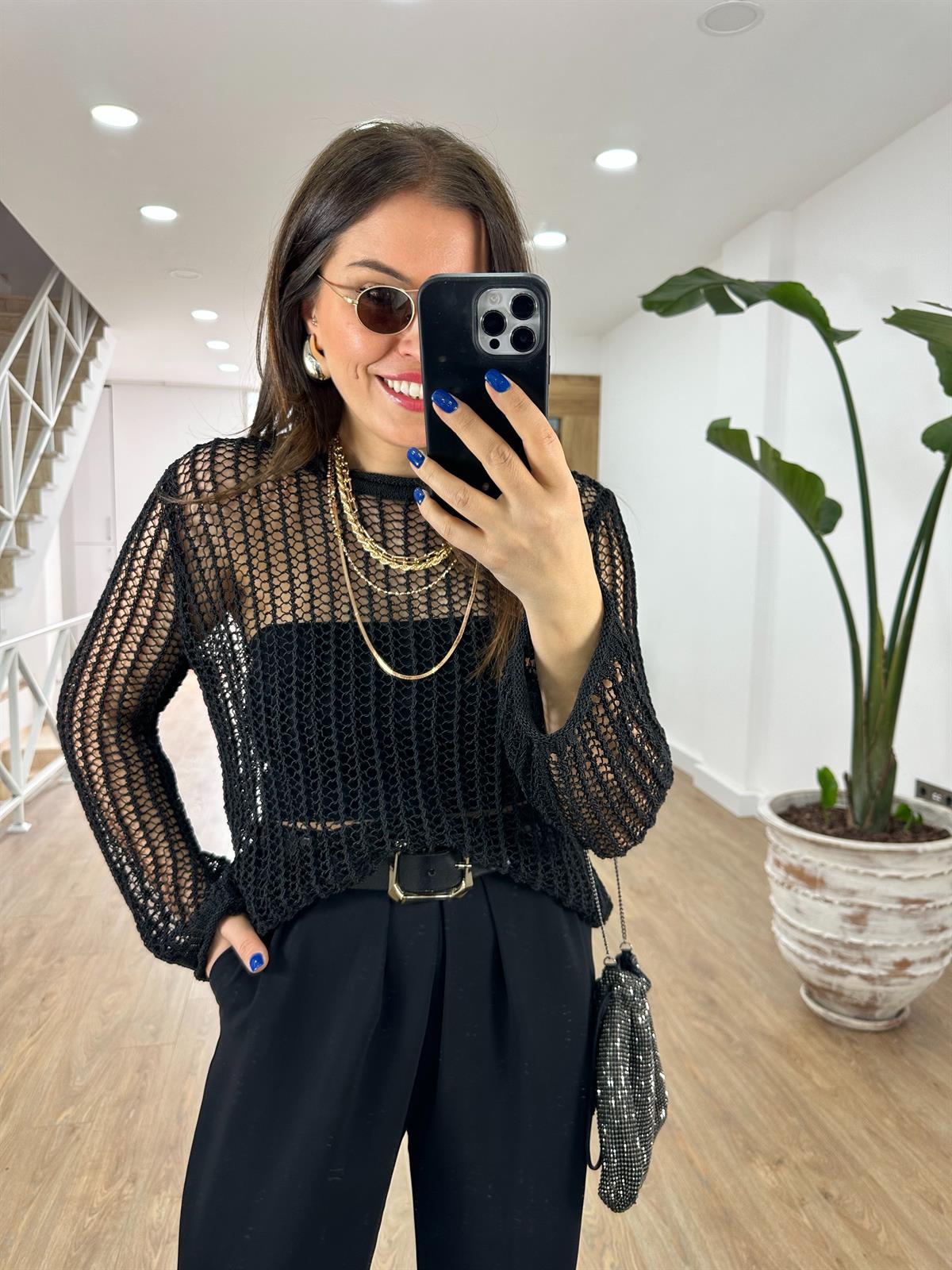 Dilvin Bisiklet Yaka Ajurlu Triko-Siyah