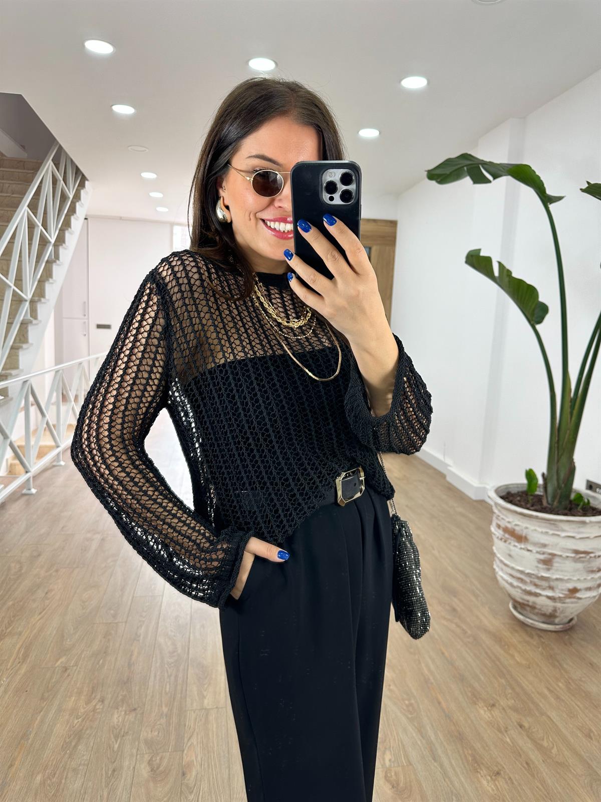 Dilvin Bisiklet Yaka Ajurlu Triko-Siyah