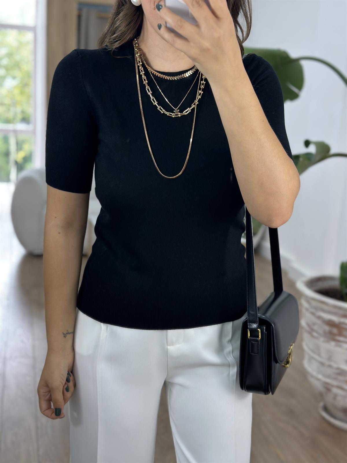 Dilvin Bisiklet Yaka Arkası Düğmeli Triko Siyah