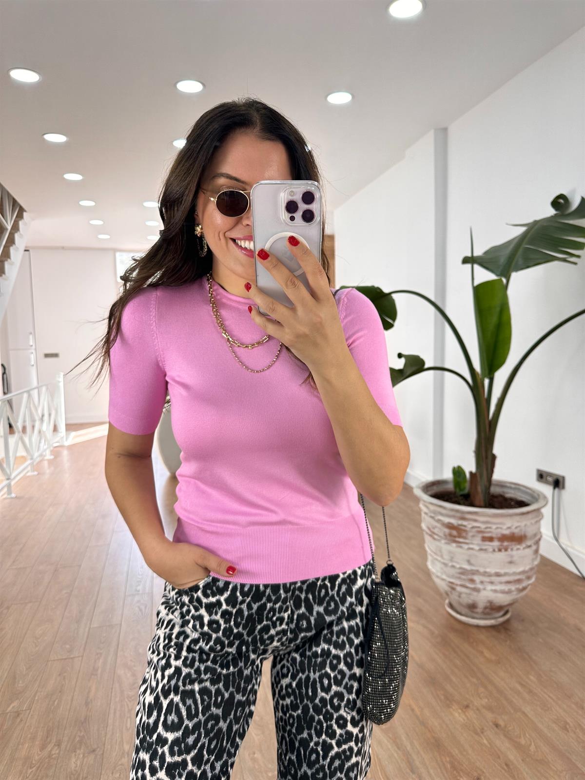 Dilvin Bisiklet Yaka Arkası Düğmeli Triko-Pembe