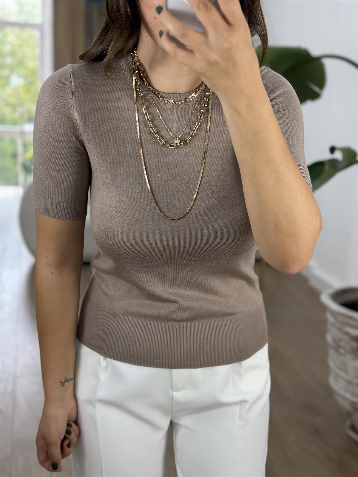 Dilvin Bisiklet Yaka Arkası Düğmeli Triko - Vizon