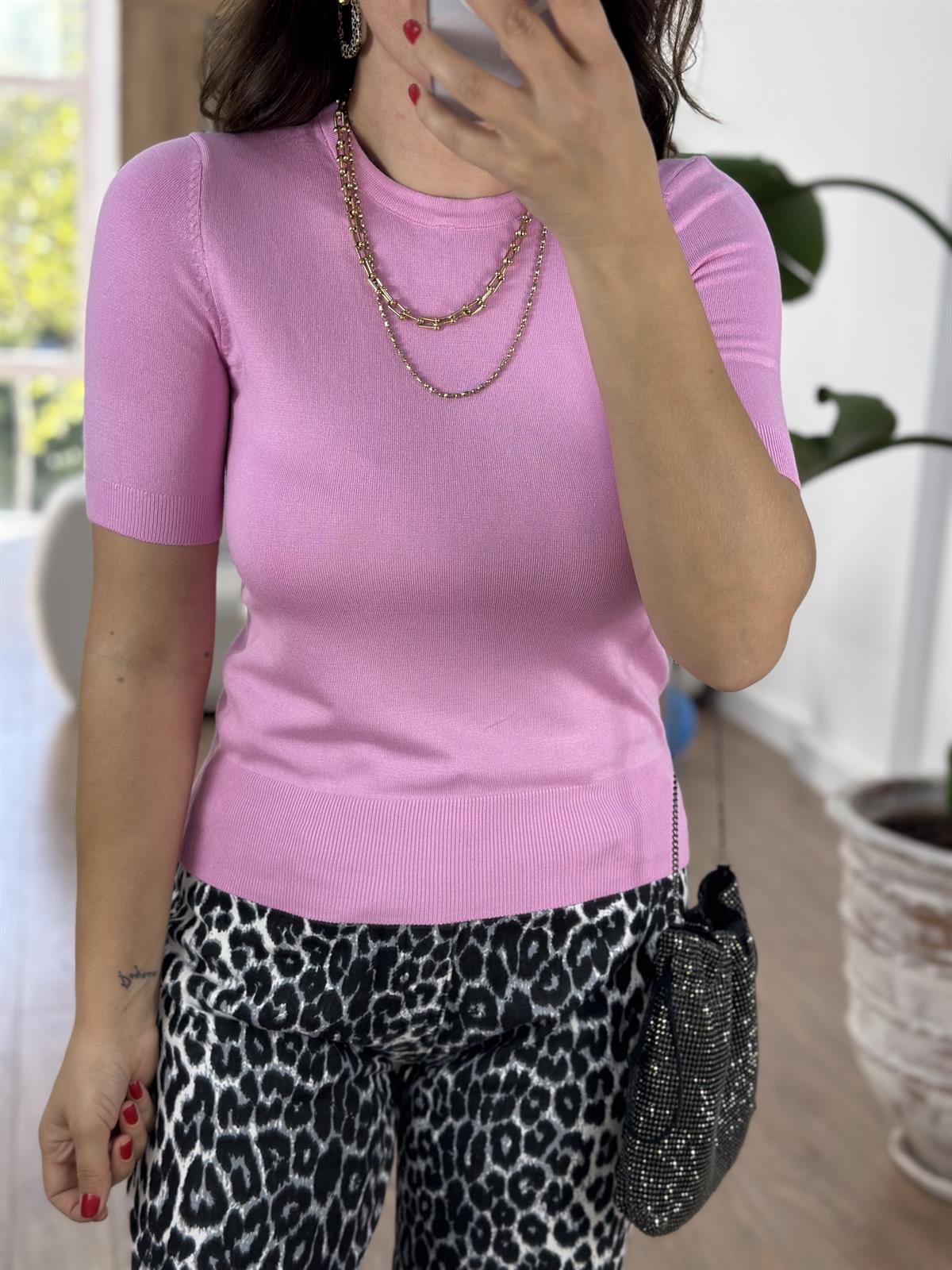 Dilvin Bisiklet Yaka Arkası Düğmeli Triko-Pembe