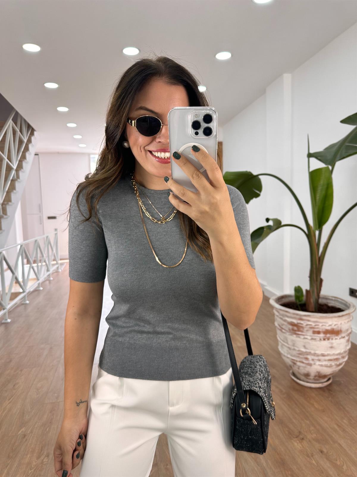 Dilvin Bisiklet Yaka Arkası Düğmeli Triko Füme